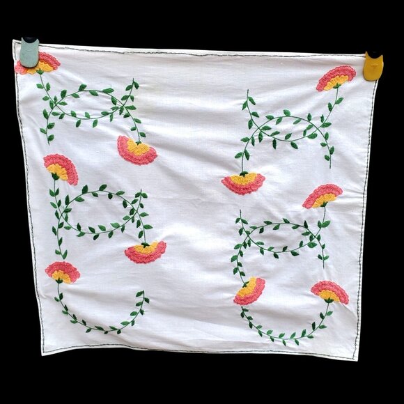 Handmade Other - Hand Embroidered White Cotton Table Runner Cloth 21 x 22 Pink Yellow Flowers